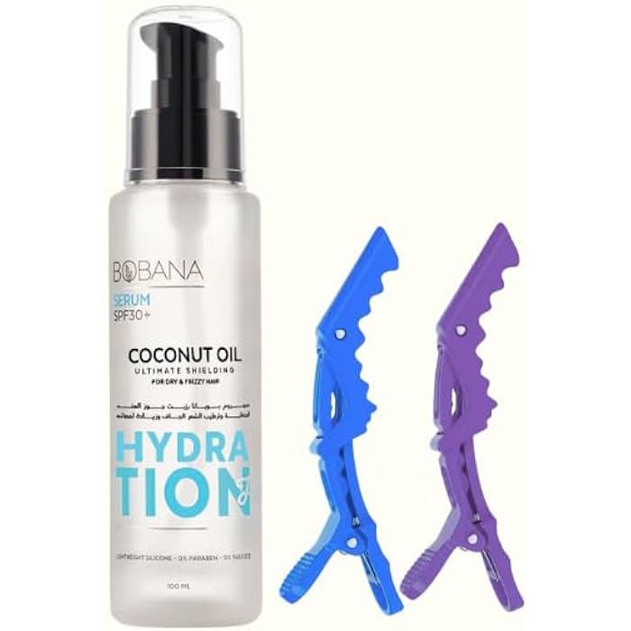 Bobana Coconut Oil Serum for Dry Hair 100ml with 2 Hair Clips Multi-Colour, SPF30 Protection - Image 4